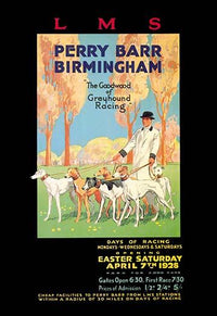 Easter Sunday Greyhound Racing Poster from 1928 promoting LMS railway transportation.