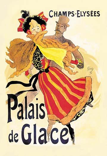 Palais de Glace Ice Skating Rink Poster by Jules Cheret featuring a skater in a red and yellow dress.