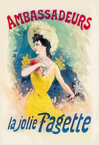 Fagette Poster Print by Jules Cheret featuring a woman in a yellow dress with narcissus.