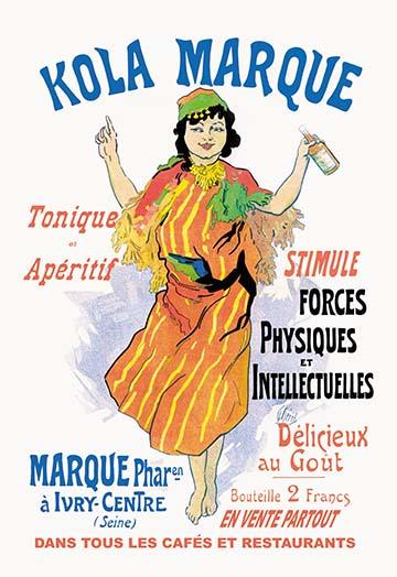 Kola Marque poster print by Jules Chéret, featuring a North African dancer holding a bottle.