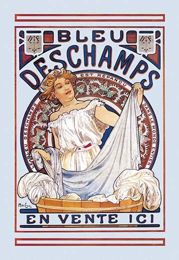 Bleu Deschamps Art Nouveau poster print by Alphonse Mucha, showcasing elegant vintage design.