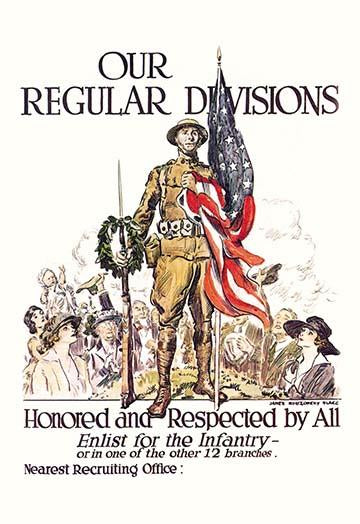 Doughboy Recruitment Poster Print by James Montgomery Flagg, depicting a soldier with rifle and American flag.
