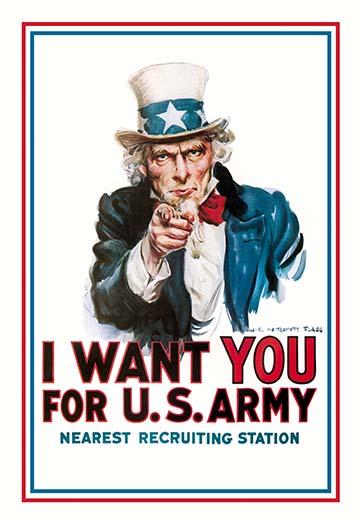 Uncle Sam poster print by James Montgomery Flagg, iconic American artwork.