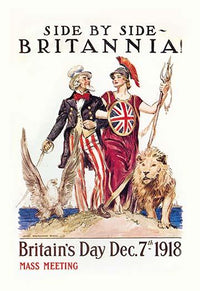 Side by Side - Britannia! poster print by James M. Flagg featuring Uncle Sam, Britannia, a lion, and an eagle.