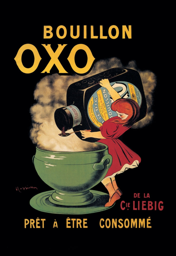 Bouillon Soup Poster Print by Leonetto Cappiello featuring a woman pouring bouillon.