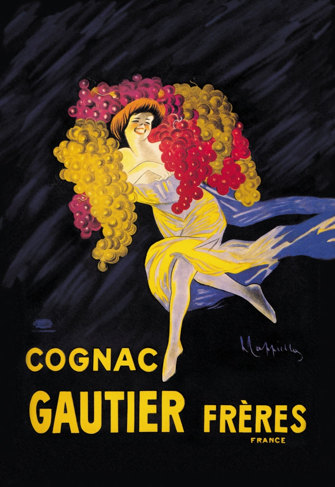 Cognac Gautier poster print featuring a woman with grapes by Leonetto Cappiello