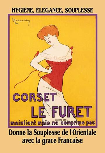 Daring vintage French poster print featuring a red-headed woman in a corset by Leonetto Cappiello