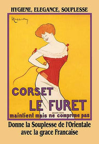 Daring vintage French poster print featuring a red-headed woman in a corset by Leonetto Cappiello