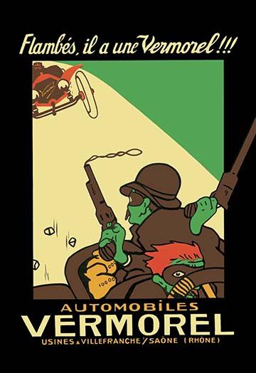 Vermorel Early Automobile Advertising Poster Print showcasing a thrilling escape scene.