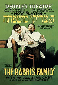 Der Rabbi's Mischpocha poster print depicting a doctor using a stethoscope in a vibrant Jewish theatre scene.