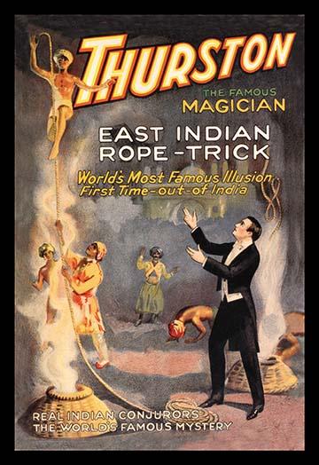 The Indian Rope Trick Poster Print by Strobridge featuring a magician and levitating rope.