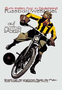 Soccer on Motorcycle Poster Print showcasing the thrill of the game.