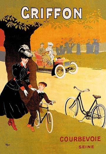 French advertising poster showing a woman giving bicycle lessons to her son.
