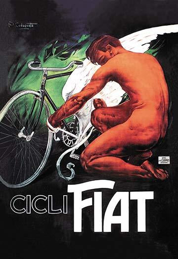 Mercury Bicycle Poster Print by Plinio Codognato showcasing Mercury attaching wings to a bicycle.