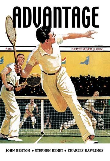 Double Tennis Match Cover Illustration by Maurice Lincoln Bower showcasing a man in action during a tennis match.