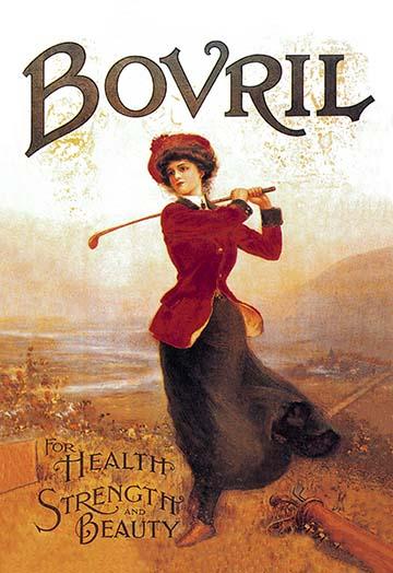 Bovril Advertising Poster Print - For Health, Strength and Beauty featuring a lady golfing.