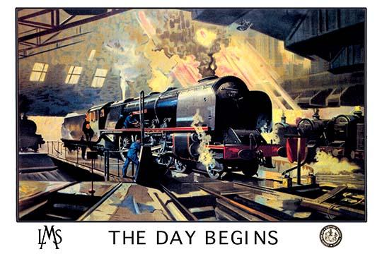 Train Shed Carousel Poster Print by Terence Tenison Cuneo, showcasing a maintenance crew preparing a train.