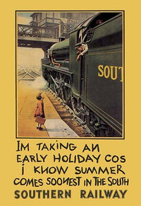 Child speaking to train engineer beside a large train poster print by Herbert Samuel Bert Thomas.