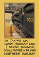 Child speaking to train engineer beside a large train poster print by Herbert Samuel Bert Thomas.