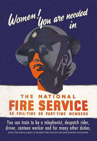 WWII poster showing a woman in N.F.S. helmet encouraging women to join the National Fire Service.