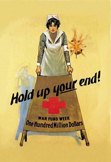 Red Cross Nurse holding stretcher with bomb explosion background poster print by William B. King