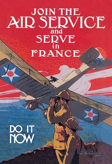 WWI Pilot Recruiting Poster Print by Paul J. Verrees featuring two soldiers and an American airplane.