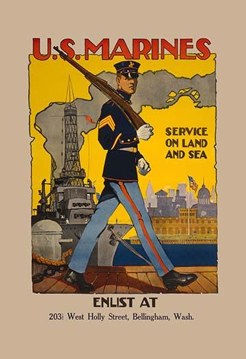 Marine in Dress Uniform Poster Print by Sidney H. Riesenberg, featuring a military figure against a city skyline.