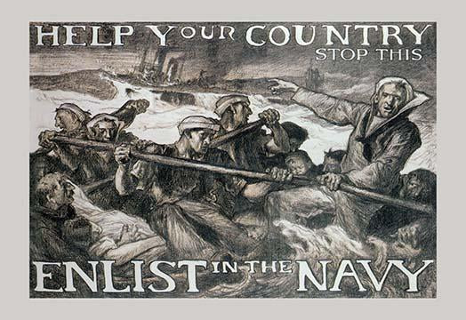 Navy Recruitment Poster depicting sailors in a lifeboat by Frank Brangwyn.