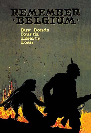 Fourth Liberty Loan Poster Print depicting a German soldier in silhouette dragging a girl through flames.