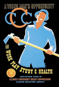 U.S. Civilian Conservation Corps poster print featuring a young man with a pickaxe by Albert Bender.