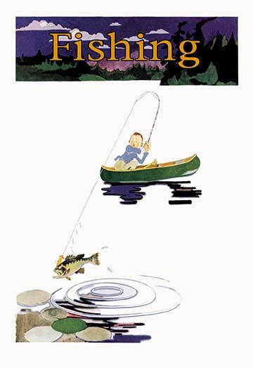 Canoeing fisherman cartoon poster print featuring a man catching a bass.