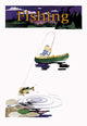 Canoeing fisherman cartoon poster print featuring a man catching a bass.