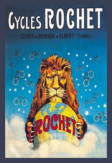 Bicycle advertising poster with a lion holding a globe and vintage bicycles in the background.
