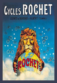 Bicycle advertising poster with a lion holding a globe and vintage bicycles in the background.