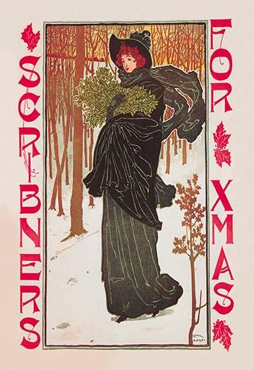 Scribners for Xmas 1895 Poster by Louis John Rhead featuring a woman gathering mistletoe.