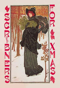 Scribners for Xmas 1895 Poster by Louis John Rhead featuring a woman gathering mistletoe.