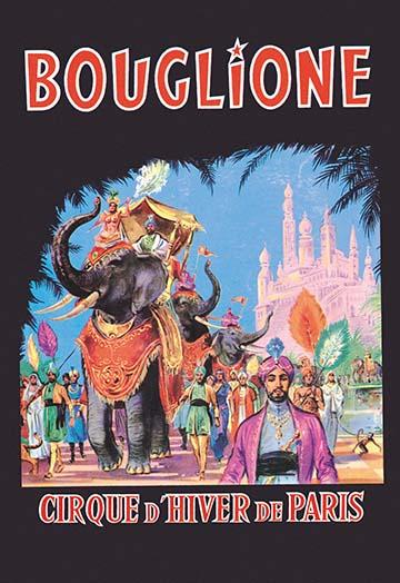 Cirque d'Hiver poster print featuring costumed performers and a giant elephant.