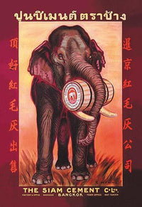 Siam Cement Company vintage advertisement poster print featuring a pachyderm holding a barrel of cement.