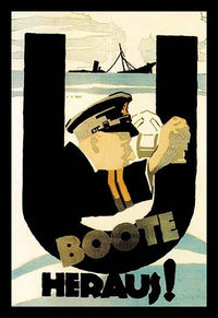 U-Boot propaganda poster by Hans Rudi Erdt featuring a U-boat commander and sinking ship.