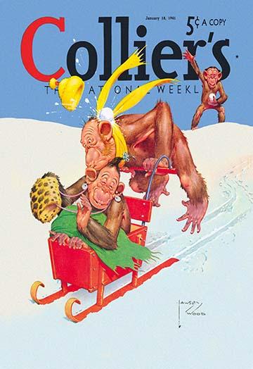Monkey sledding Colliers magazine cover art print by Lawson Wood.