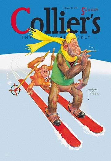 Gran'pop Chimpanzee skiing cover art print by Lawson Wood.