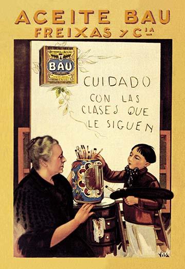Vintage Olive Oil advertisement poster print featuring a boy with brushes by E. Vila.