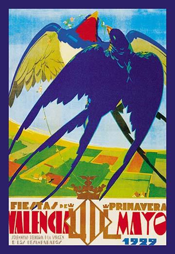 Valencia Festival Poster Print featuring two birds and flowers by J. Canet Cabellon.