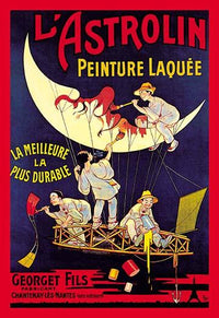 Eugène Oge lacquer paint advertising poster print featuring painters on an airship over France.