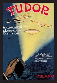 Flying Machines in the Spotlight vintage aviation poster print featuring a blimp and two planes over Milan, Italy.