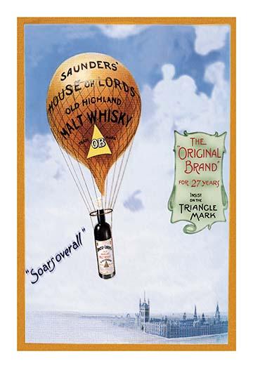 Saunders's House of Lords Whiskey - Soars Over All Poster Print by Fred Smith with balloon and whiskey bottle.