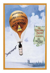 Saunders's House of Lords Whiskey - Soars Over All Poster Print by Fred Smith with balloon and whiskey bottle.