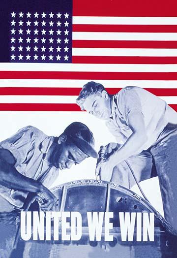 WWII workforce poster print by Howard Liberman showcasing unity between two men of different races.