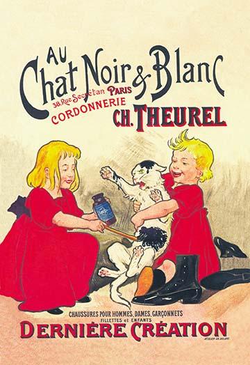 Two girls painting a white cat black in a vintage French advertisement poster.