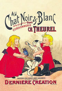 Two girls painting a white cat black in a vintage French advertisement poster.